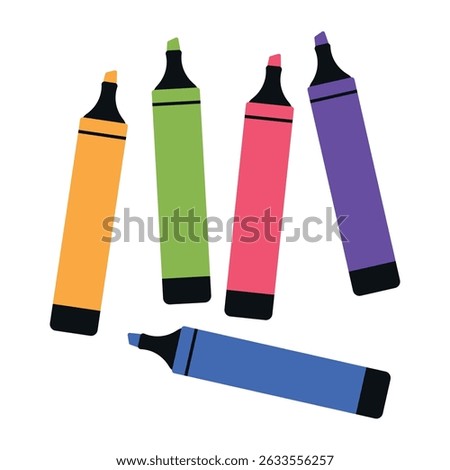 Set of scattered highlighter markers of different colors. Isolated vector illustration in flat style.