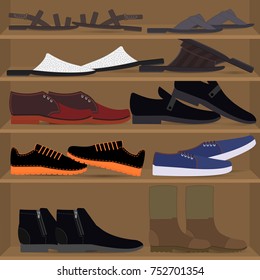 Set Of Scattered Men's Shoes On The Shelves. Different Types Of Mens Pair Footwear. Mess And Chaos In The Closet On The Shelves And Racks. Vector Flat Illustration.