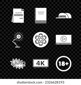 Set Scenario, Cap with inscription director, Bang boom text speech bubble balloon, , Under 18 years, Table lamp and Film reel icon. Vector