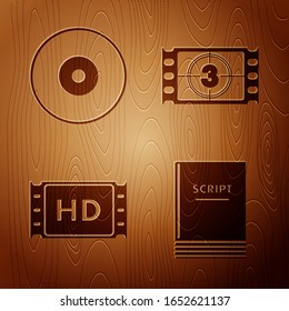 Set Scenario , CD or DVD disk , 4k movie, tape, frame  and Play Video  on wooden background. Vector