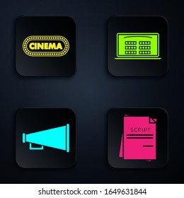 Set Scenario , Cinema poster design template , Megaphone  and Buy cinema ticket online . Black square button. Vector