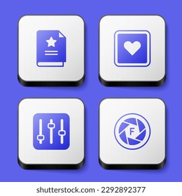 Set Scenario, Like heart, Sound mixer controller and Camera shutter icon. White square button. Vector