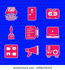 Set Scenario, Megaphone, Media projector, Online play video, Storyboard, Movie trophy, Retro audio cassette tape and VFX icon. Vector