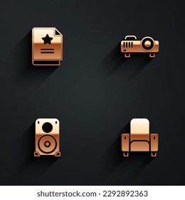 Set Scenario, Movie, film, media projector, Stereo speaker and Cinema chair icon with long shadow. Vector