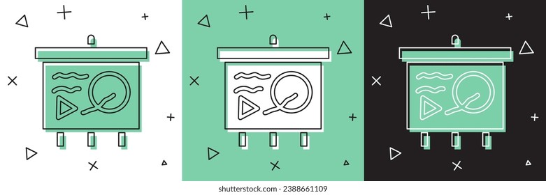 Set Scenario on chalkboard icon isolated on white and green, black background. Script reading concept for art project, films, theaters.  Vector