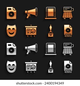 Set Scenario on chalkboard, Retro typewriter, MOV file document, Movie trophy, Comedy theatrical mask, Makeup mirror with lights, AVI and Megaphone icon. Vector