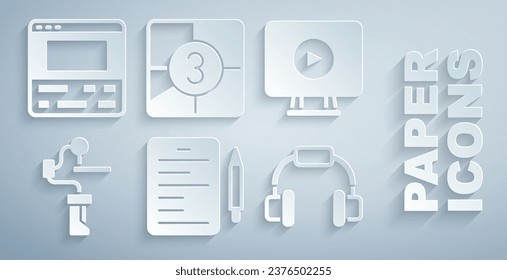 Set Scenario, Online play video, Gimbal stabilizer for camera, Headphones, Old film movie countdown frame and Video recorder laptop icon. Vector