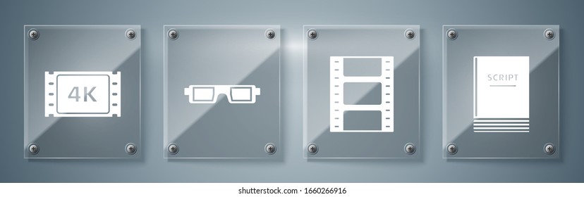 Set Scenario , Play Video , 3D cinema glasses  and 4k movie, tape, frame . Square glass panels. Vector