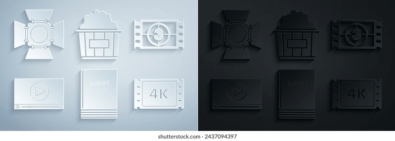 Set Scenario, Play Video, Online play video, 4k movie, tape, frame, Popcorn cardboard box and Movie spotlight icon. Vector