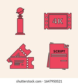 Set Scenario , Trophy Golden Globe , 4k movie, tape, frame  and Cinema ticket  icon. Vector
