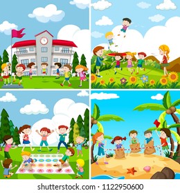 Set of scence of children playing illustration