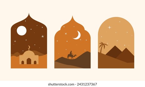 Set of scene in the desert with islamic frame for banner, greeting card, cover, poster, print etc. Minimalist design for ramadan, eid mubarak ,or any islamic celebration in boho style