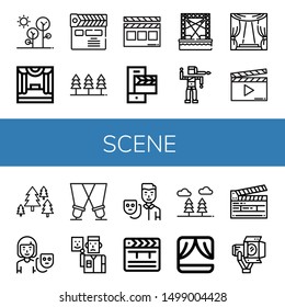 Set of scene icons such as Forest, Stage, Clapperboard, Bollywood, Actor, Spotlight, Clapper , scene
