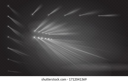 Set of scene illumination light, vector transparent flash light effect. Bright gold flashes and lighting with spotlights. Spot lighting of the stage.