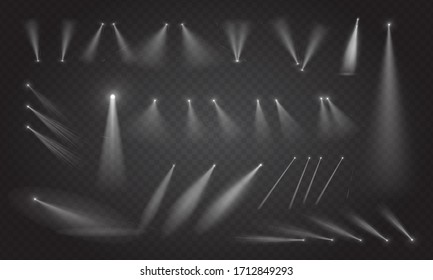 Set of scene illumination light, vector transparent flash light effect. Bright gold flashes and lighting with spotlights. Spot lighting of the stage.