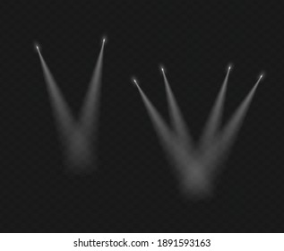Set of scene illumination light, vector transparent flash light effect. Spot lighting of the stage.