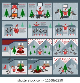 Set of scene for Merry Christmas with Santa claus, reindeers and tree.