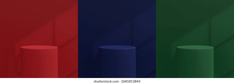 Conjunto de escena con pedestal de círculo azul marino, rojo granate, verde oscuro y superposición de sombra de ventana. Espacio vacío para el producto cosmético. Mínima pantalla de maqueta con podio. Ilustración vectorial realista