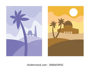 Set of scenery background minimalis for flyer, social media, poster, graphic design etc, mosque and desert with coconut tree minimalis illustration, pastel color vector eps 10