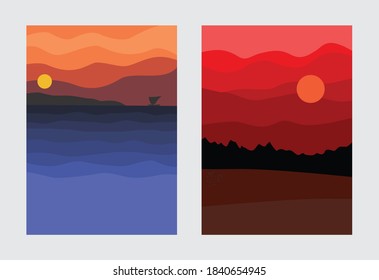 Set of scenery background minimalis for flyer, social media, poster, graphic design etc, panorama sunset sunrise illustration, vector eps 10
