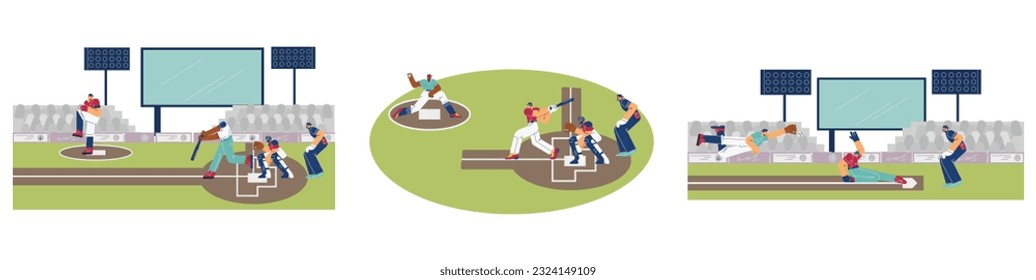 Set of scenes about baseball sport game flat style, vector illustration isolated on white background. Training on field, people with bats and gloves, throwing ball, players