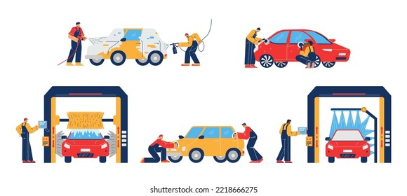 Set of scenes about car wash service flat style, vector illustration isolated on white background. People wash cars themselves and with special equipment