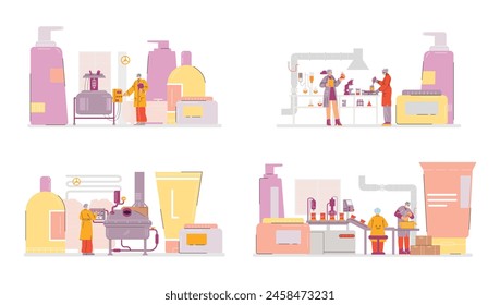 Conjunto de escenas sobre la producción de cosméticos estilo plano, Ilustración vectorial aislada sobre fondo blanco. Elementos de diseño decorativos, gente trabajadora y enormes tubos cosméticos