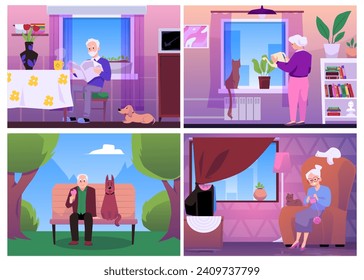 Set of scenes about elderly people with pets flat style, vector illustration isolated on white background. Lonely old men and women, leisure at home and outdoor, emotional characters