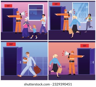 Conjunto de escenas sobre evacuación de personas estilo plano, ilustración vectorial aislada en fondo blanco. Bombero con altavoz, gente corriendo, personajes preocupados salen del edificio