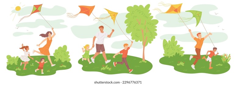 Set of scenes about families playing with kites flat style, vector illustration isolated on white background. Family outdoor leisure, parents and children having fun together