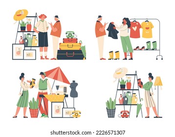 Conjunto de escenas sobre el estilo plano del mercado de pulgas, ilustración vectorial aislada en fondo blanco. La gente feliz vende y compra plantas, ropa vieja, decoración, nueva vida para cosas viejas