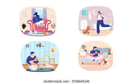 Set of scenes about household chores and pets. Person spending time in apartment with pets. Owners are playing with domestic animals. People look at their cats and dogs, feed and wash them at home