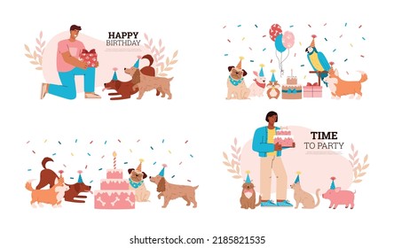 Set of scenes about pet birthday party flat style, vector illustration isolated on white background. People congratulate dogs and cats, holiday, decoration for cards