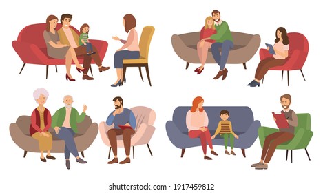 A set of scenes about psychotherapy sessions. People sit at the reception of a specialist. Different psychologists write down their patients' problems on paper isolated on white background