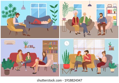 A set of scenes about psychotherapy sessions with family and psychotherapist. People sit at the reception of a specialist. Different psychologists write down their patients' problems on paper