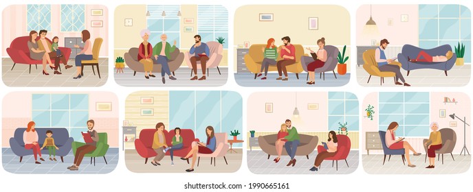 Set of scenes about psychotherapy sessions with family and psychotherapist, psychological problems. People sit at reception of specialist. Psychologists write down their patients questions on paper