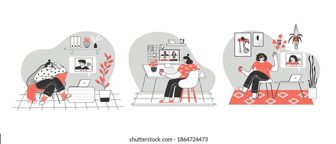 Set of scenes about remote video communication. Virtual meeting, online communication in social networks. Vector illustration for videoconference, remote work