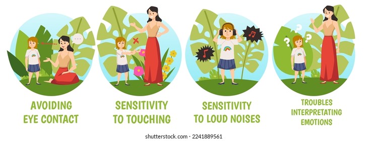 Set of scenes about signs of autism flat style, vector illustration isolated on white background. Autism awareness, symptoms, child girl and adult woman