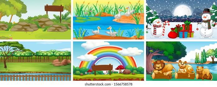 Set of scenes with animals at different seasons illustration