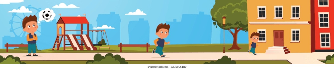 Set of scenes with boy. Teenager and schoolboy stand on playground and run to school on spring day. Rest and education. Happy and cute character. Cartoon flat vector illustration