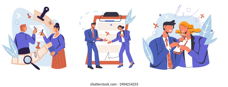 Set scenes with business partners signing paper or digital contract document, flat vector illustration isolated on white background. Document signing and agreement conclusion, business partnership.