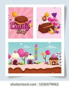 set of scenes with candies vector illustration design