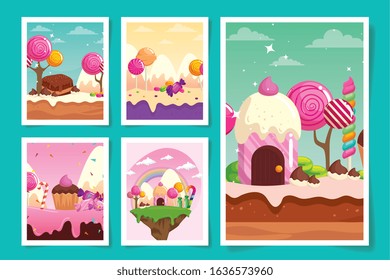 set of scenes candy land with caramels vector illustration design