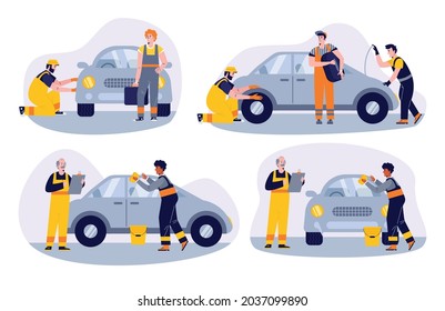 Conjunto de escenas de los trabajadores del servicio de coches, montaje de neumáticos con coches en ilustración vectorial de estilo plano aislado. Mecánica profesional, lavado de coches, diagnóstico, reparación de coches en la estación de servicio.