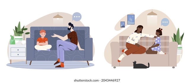 Set Of Scenes With Children And Parents Talking On White Background. Father And Mother Talking To Their Son Or Daughter. Concept Of Family Relations, Parenting. Flat Cartoon Vector Illustration