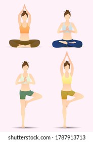 set scenes of colorful women practicing yoga. physical and spiritual practice. vector illustration concept in flat cartoon style.