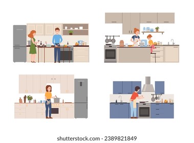 Set of scenes with cooking people flat style, vector illustration isolated on white background. Kitchen interiors, happy cooking men and women, families. Culinary process