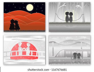 Set of scenes for couple of love in different time. 