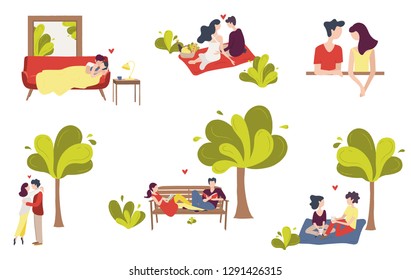 Set of scenes of couples of young people in love. Pair sitting in the street, embracing, lying together, reading, drinking coffee, talking. Vector hand drawing illustration.