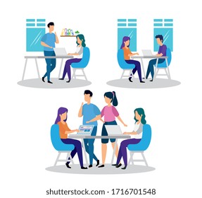 set scenes of coworking with icons vector illustration design